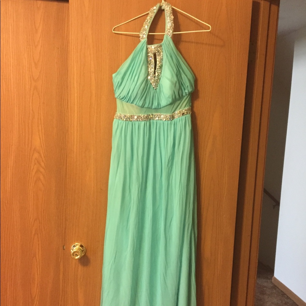 Long Teal Beaded Prom Dress